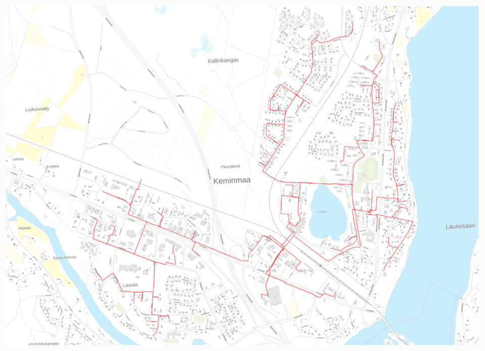 Kaukolämpöverkon jakelualue kartalla.