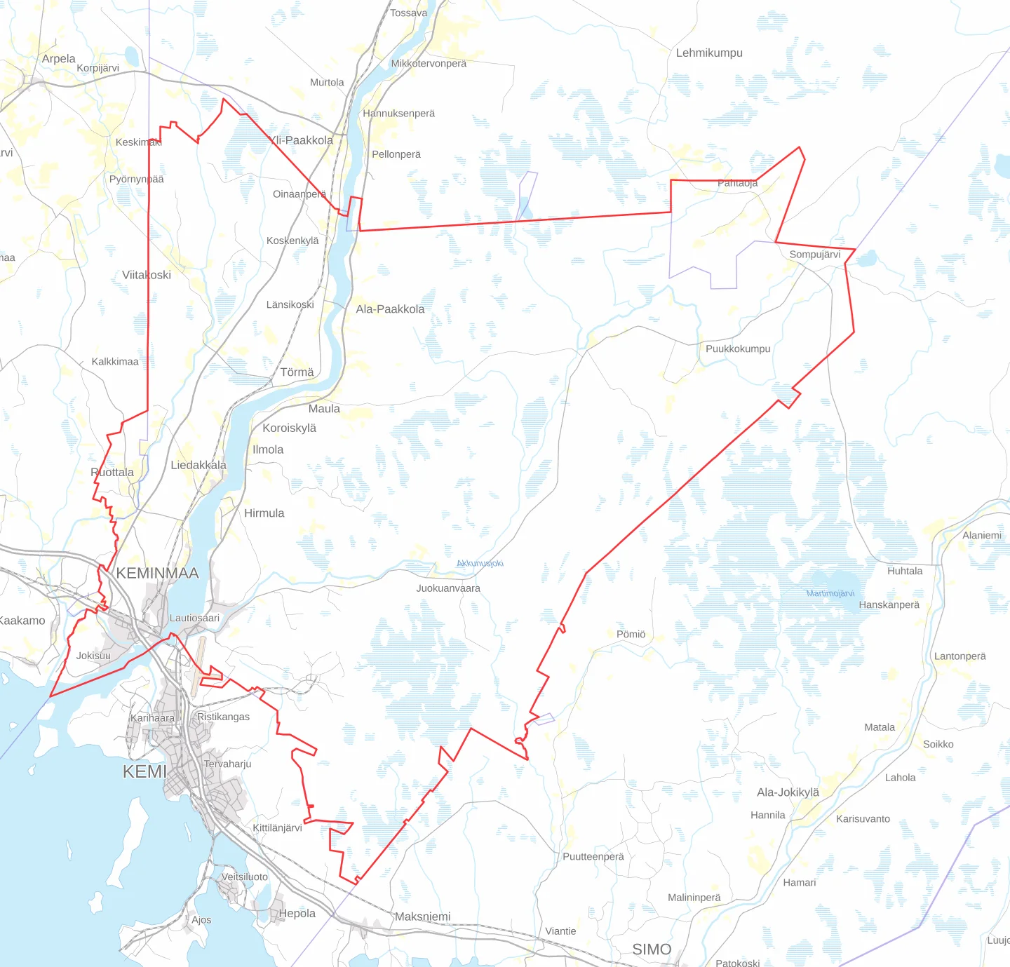 Kuvassa kartalle rajattuna Keminmaan Energian ja Veden sähköverkon jakelualue.