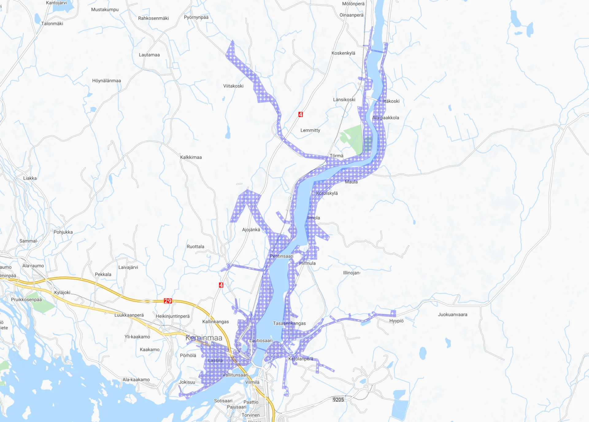 vesihuollon toiminta-alue kuvattuna kartalle.