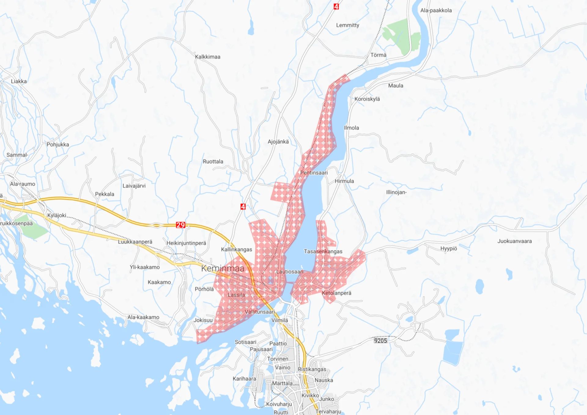 viemäriverkon toiminta-alue kuvattuna kartalle.