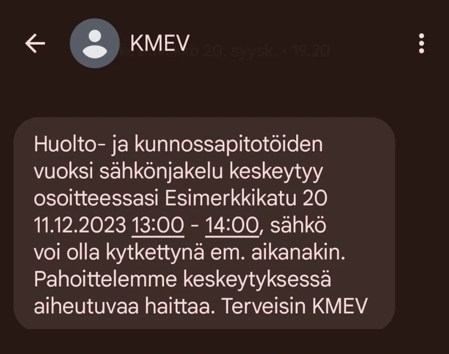 Malliesimerkki sähkönjakelun häiriötiedote tekstiviestistä